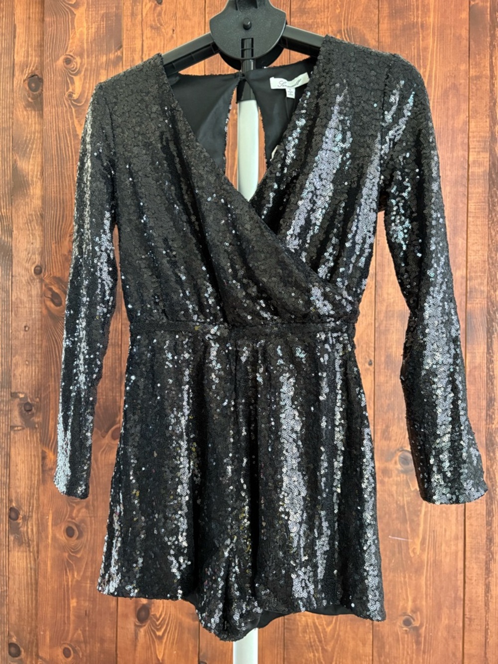 Black Sequin Wrap-Front Long Sleeve Dress - Women